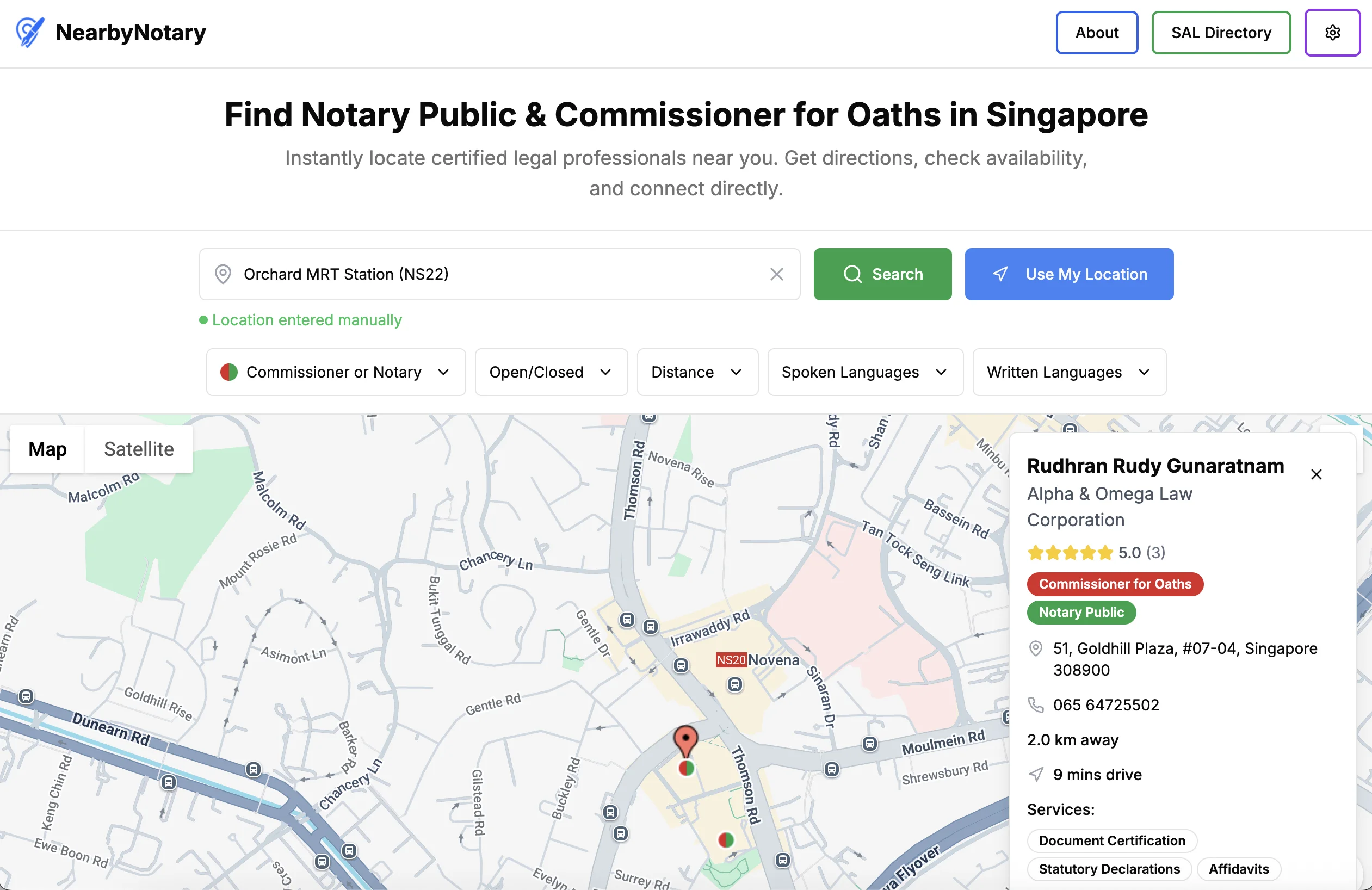 Screenshot from Neil's Nearby Notary web app